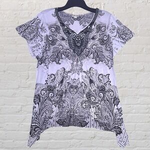 World Unity Womens Tunic Blouse 2X Paisley Artsy Asymmetrical Crochet Rhinestone